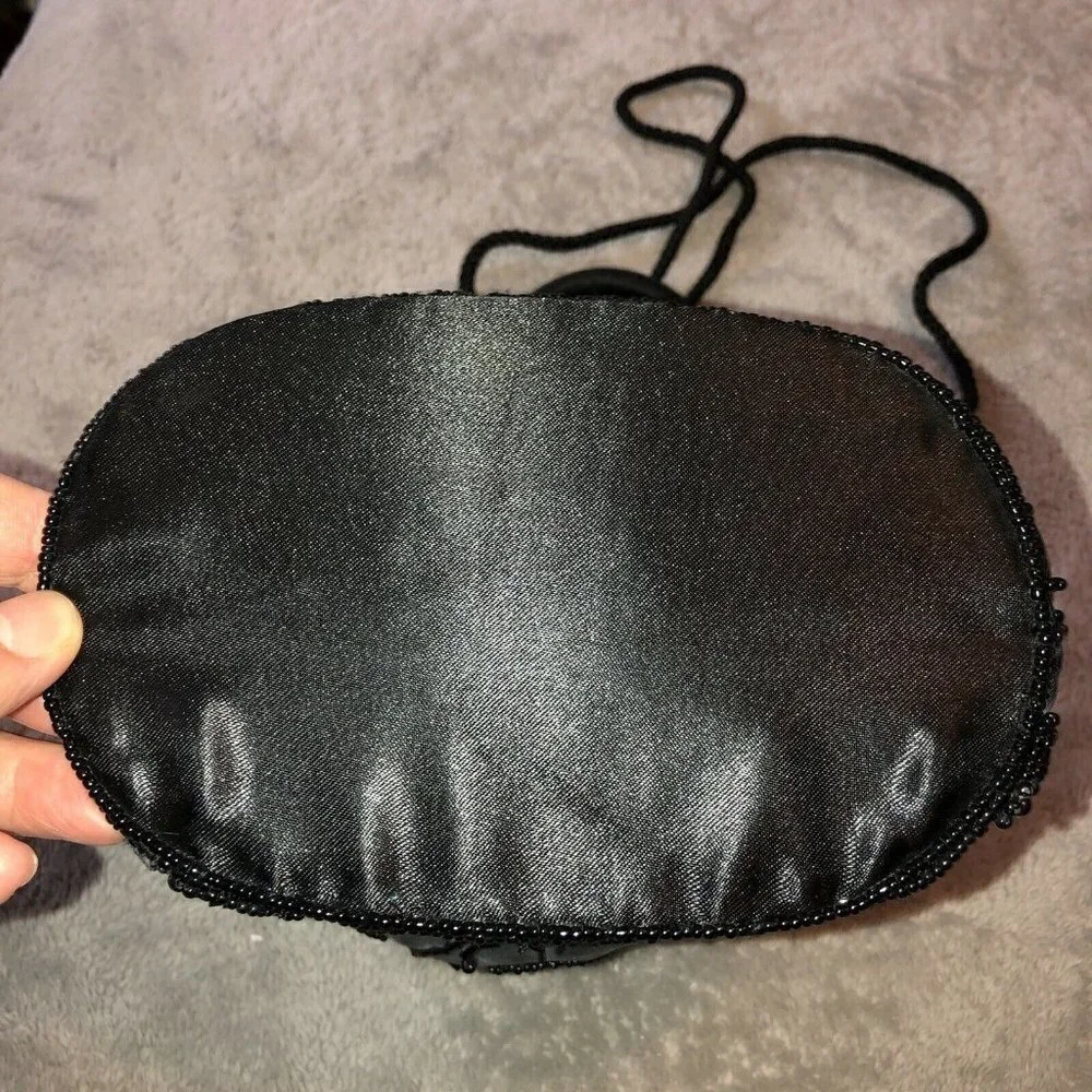 Vintage SASHA Black Satin Handmade Beaded Evening Bag with Crossbody Strap